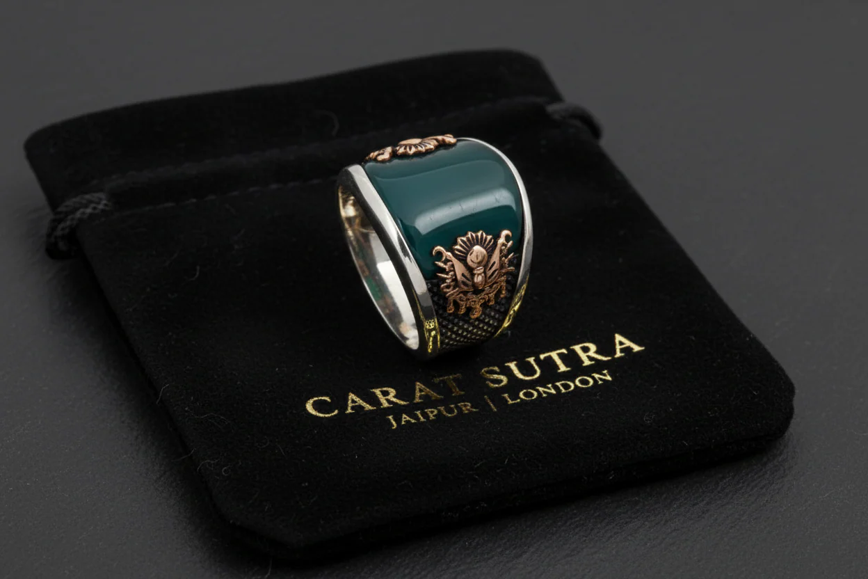 RARE PRINCE by CARAT SUTRA | Unique Turkish Style Curved Ring with Green Onyx | 925 Sterling Silver Oxidized Ring | Men's Jewelry | With Certificate of Authenticity and 925 Hallmark - Image 3