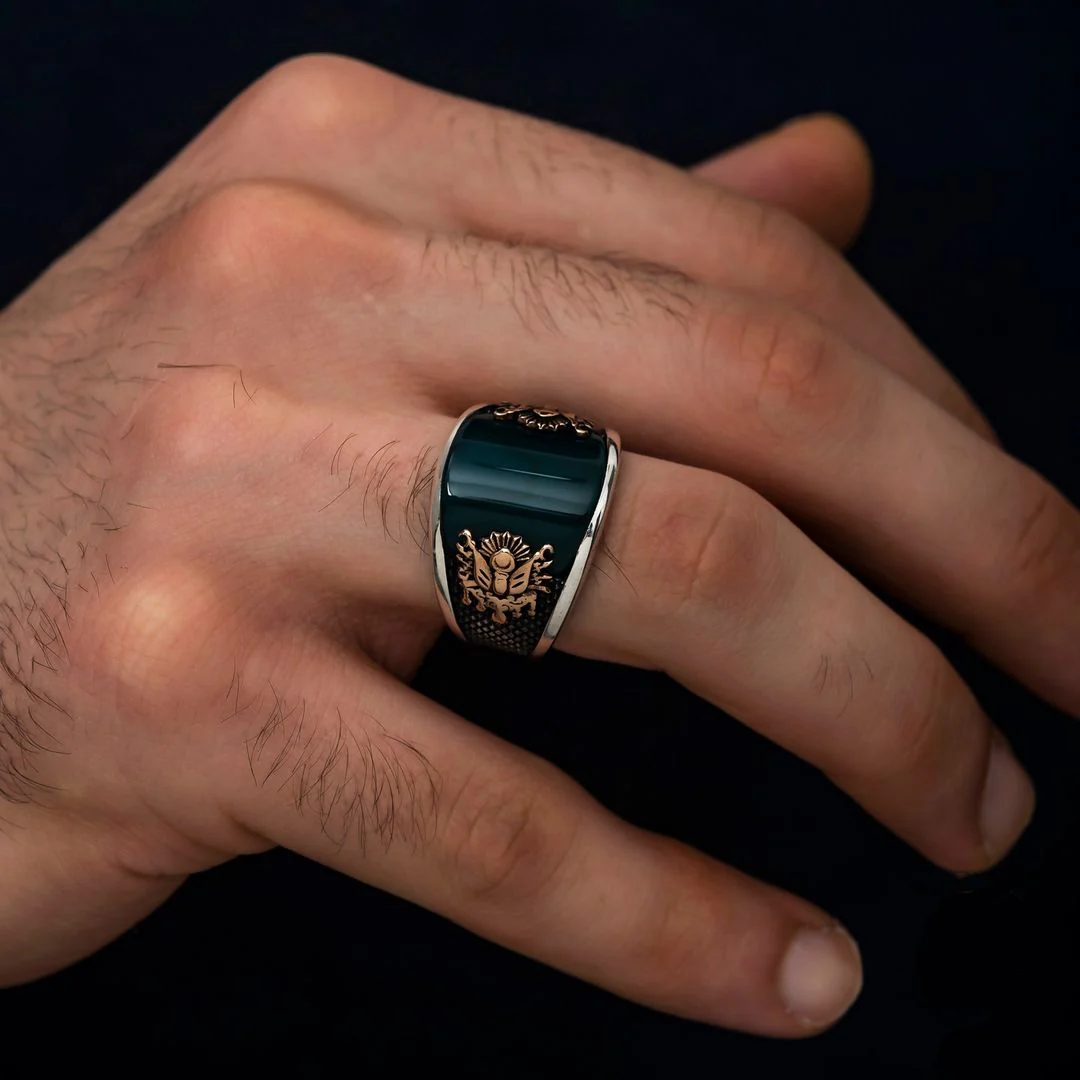RARE PRINCE by CARAT SUTRA | Unique Turkish Style Curved Ring with Green Onyx | 925 Sterling Silver Oxidized Ring | Men's Jewelry | With Certificate of Authenticity and 925 Hallmark - Image 5