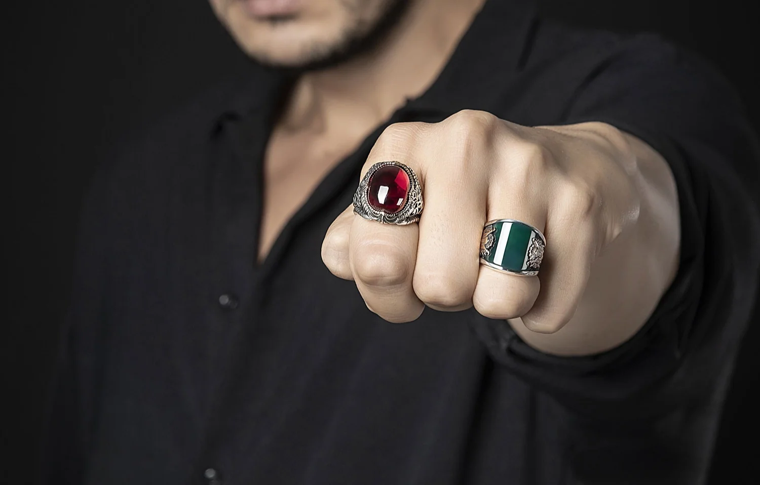 RARE PRINCE by CARAT SUTRA | Unique Turkish Style Curved Ring with Green Onyx | 925 Sterling Silver Oxidized Ring | Men's Jewelry | With Certificate of Authenticity and 925 Hallmark - Image 7