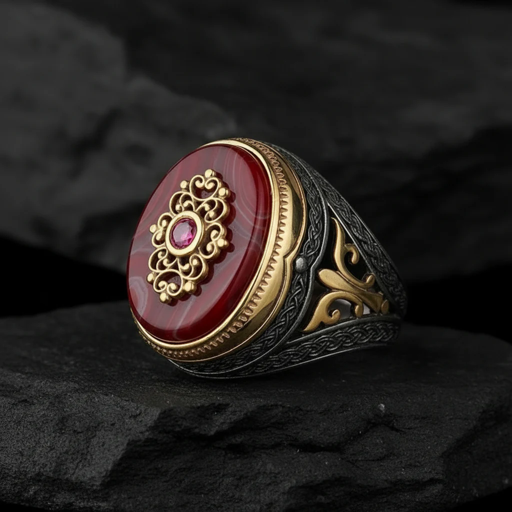 RARE PRINCE by CARAT SUTRA | Unique Turkish Style Ring with Natural Red Agate | Black Rhodium & Gold Plated 925 Sterling Silver Ring | Men's Jewelry | With Certificate of Authenticity and 925 Hallmark