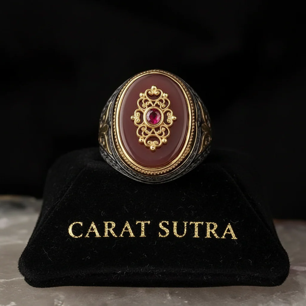 RARE PRINCE by CARAT SUTRA | Unique Turkish Style Ring with Natural Red Agate | Black Rhodium & Gold Plated 925 Sterling Silver Ring | Men's Jewelry | With Certificate of Authenticity and 925 Hallmark - Image 2