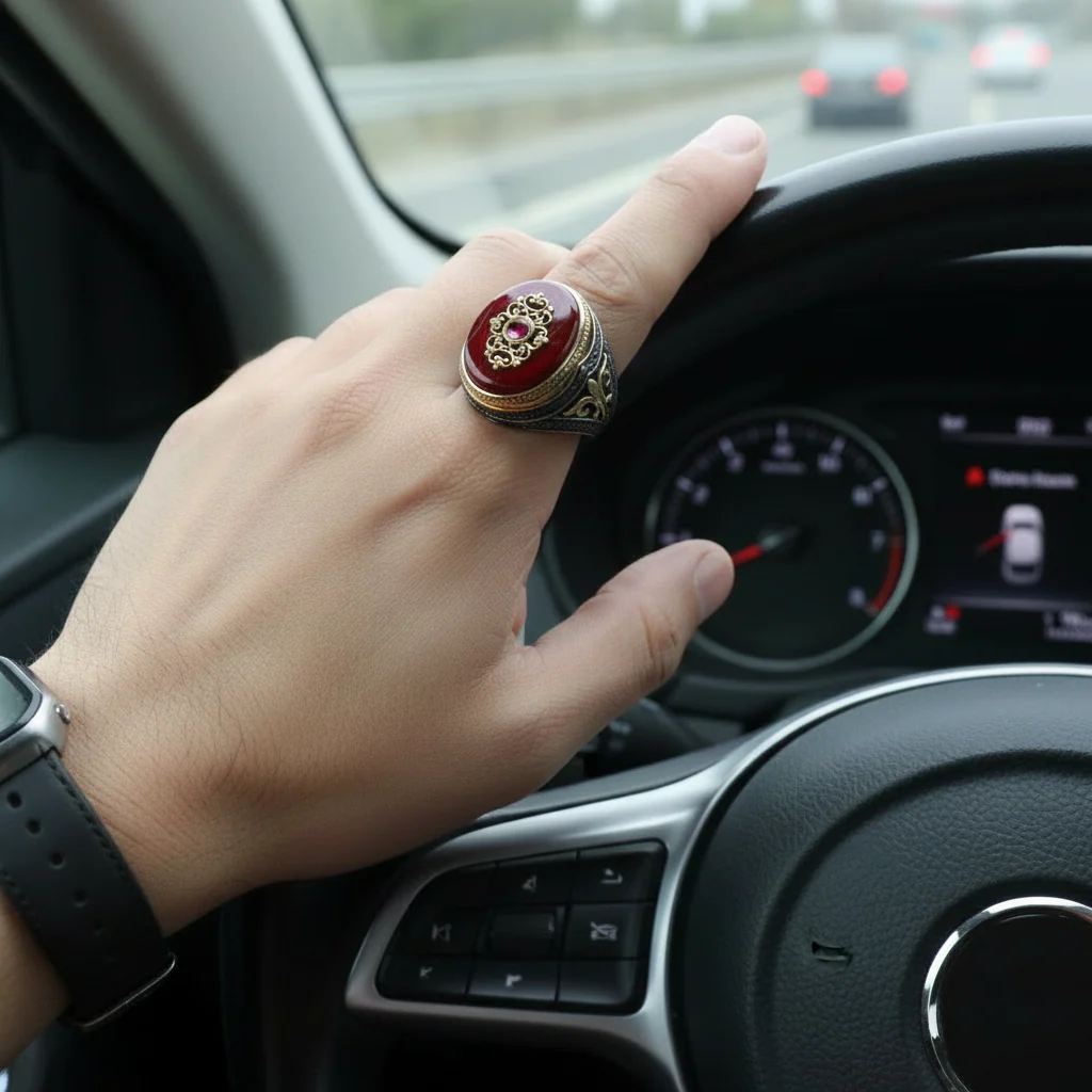 RARE PRINCE by CARAT SUTRA | Unique Turkish Style Ring with Natural Red Agate | Black Rhodium & Gold Plated 925 Sterling Silver Ring | Men's Jewelry | With Certificate of Authenticity and 925 Hallmark - Image 3