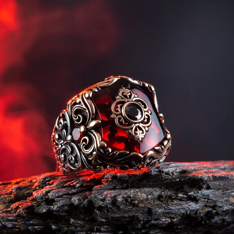 Unique Turkish Style Ring with 10.5 Ct Natural Hessonite (Gomed)| 925 Sterling Silver Oxidized Ring | Men's Jewelry | With Certificate of Authenticity and 925 Hallmark - Image 3