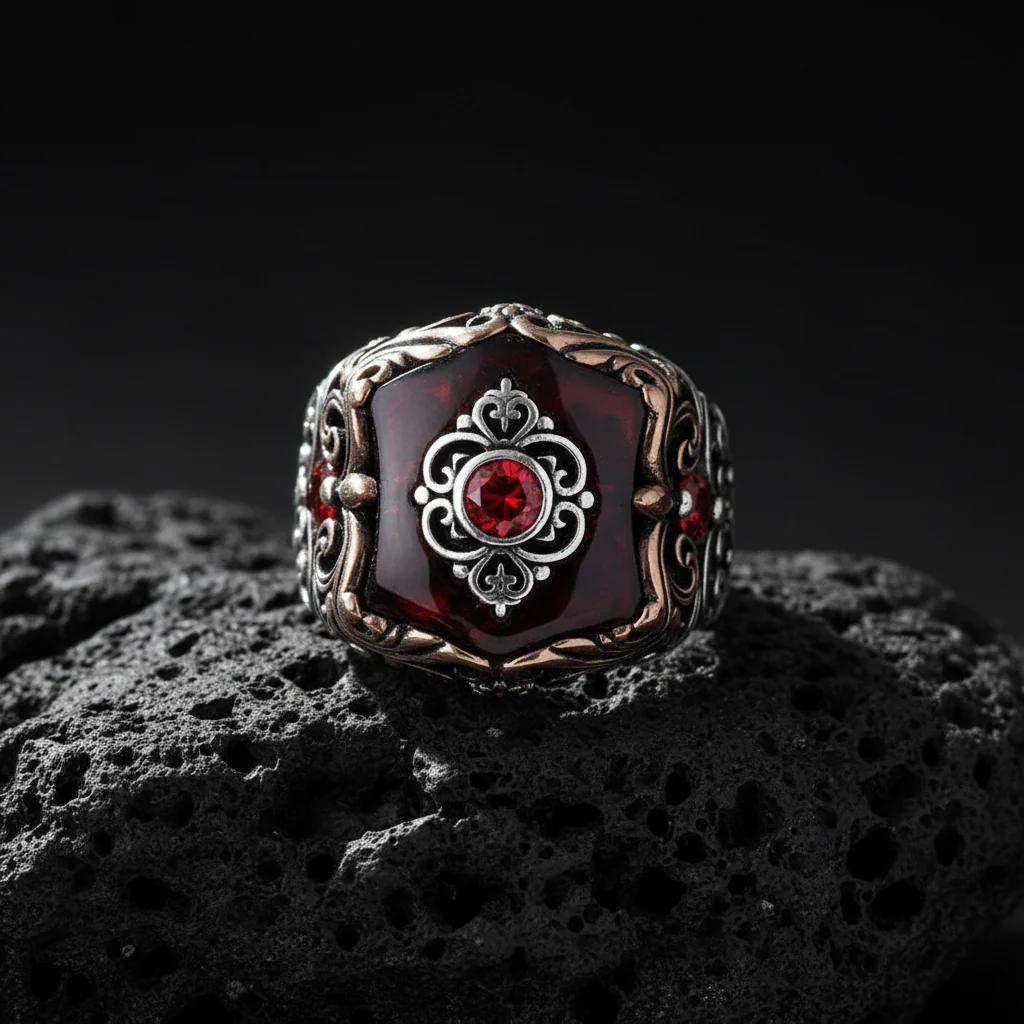 Unique Turkish Style Ring with 10.5 Ct Natural Hessonite (Gomed)| 925 Sterling Silver Oxidized Ring | Men's Jewelry | With Certificate of Authenticity and 925 Hallmark - Image 4