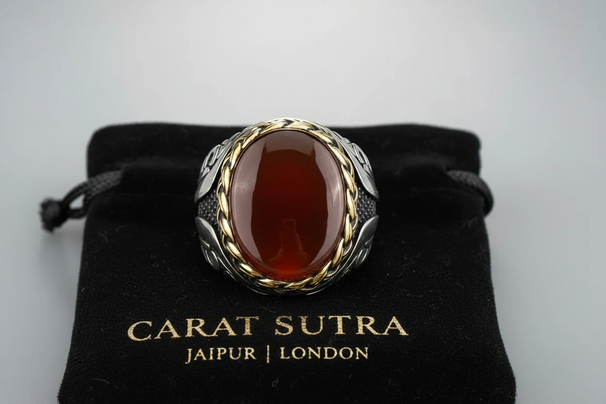 RARE PRINCE by CARAT SUTRA | Unique Turkish Style Ring with Natural Red Agate  | 925 Sterling Silver Oxidized Ring | Men's Jewelry | With Certificate of Authenticity and 925 Hallmark - Image 2