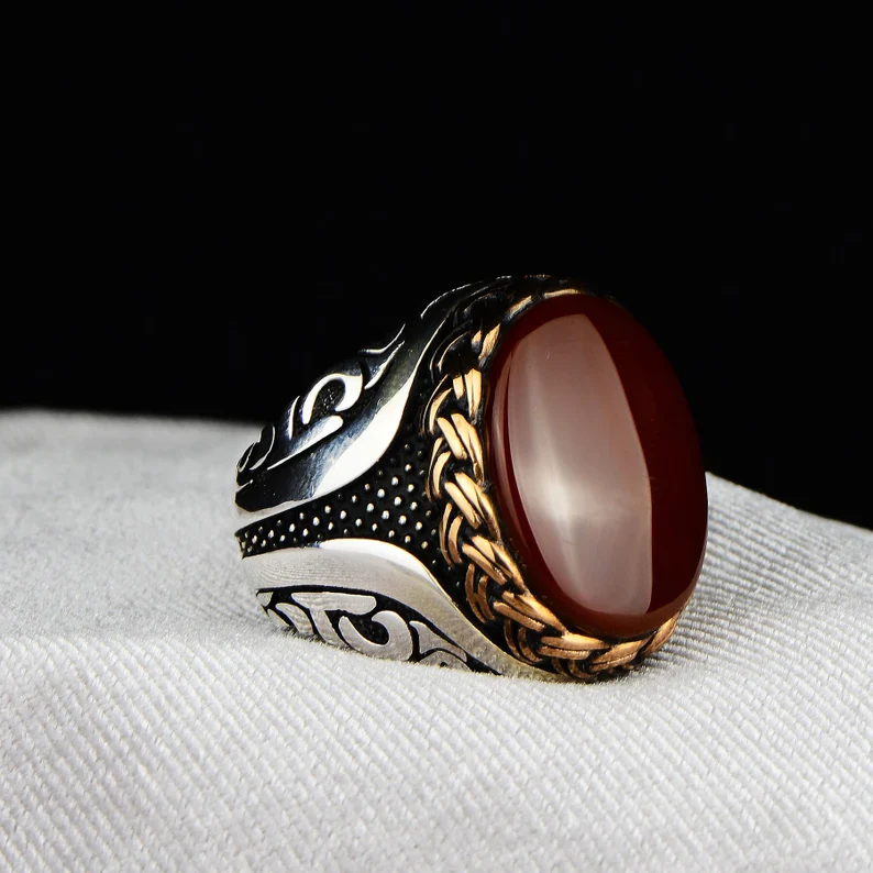 RARE PRINCE by CARAT SUTRA | Unique Turkish Style Ring with Natural Red Agate  | 925 Sterling Silver Oxidized Ring | Men's Jewelry | With Certificate of Authenticity and 925 Hallmark - Image 3