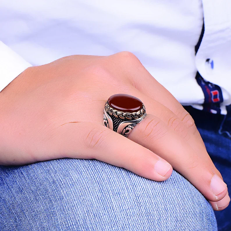 RARE PRINCE by CARAT SUTRA | Unique Turkish Style Ring with Natural Red Agate  | 925 Sterling Silver Oxidized Ring | Men's Jewelry | With Certificate of Authenticity and 925 Hallmark - Image 4