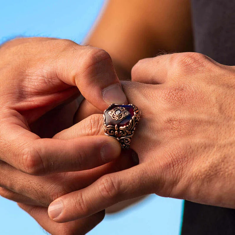 Unique Turkish Style Ring with 10.5 Ct Natural Hessonite (Gomed)| 925 Sterling Silver Oxidized Ring | Men's Jewelry | With Certificate of Authenticity and 925 Hallmark - Image 5