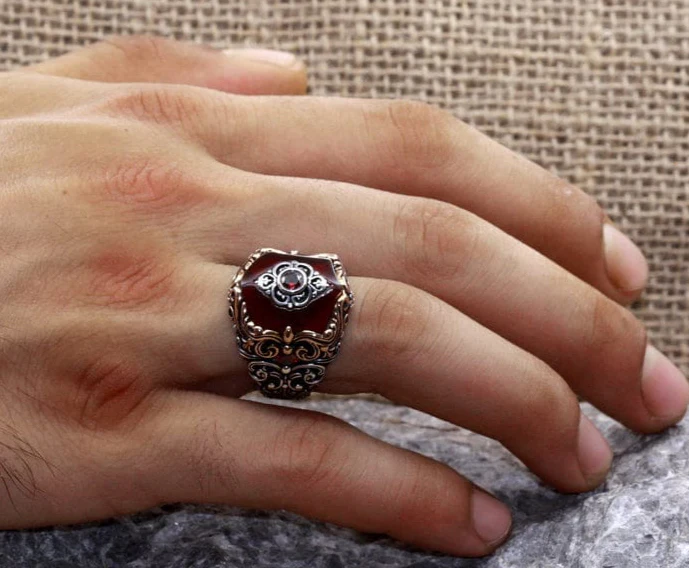 Unique Turkish Style Ring with 10.5 Ct Natural Hessonite (Gomed)| 925 Sterling Silver Oxidized Ring | Men's Jewelry | With Certificate of Authenticity and 925 Hallmark - Image 6