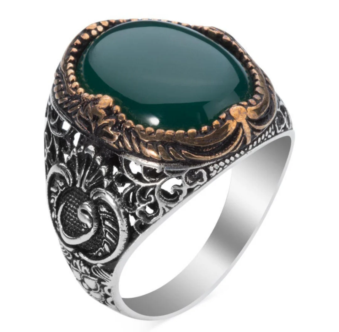 RARE PRINCE by CARAT SUTRA | Unique Turkish Style Ring with Natural Green Onyx  | 925 Sterling Silver Oxidized Ring | Men's Jewelry | With Certificate of Authenticity and 925 Hallmark