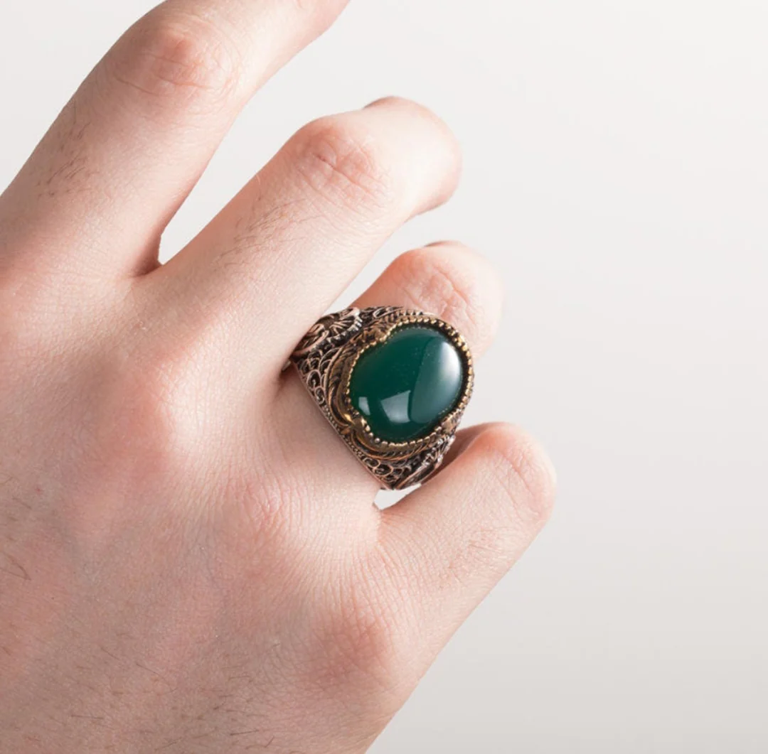 RARE PRINCE by CARAT SUTRA | Unique Turkish Style Ring with Natural Green Onyx  | 925 Sterling Silver Oxidized Ring | Men's Jewelry | With Certificate of Authenticity and 925 Hallmark - Image 2