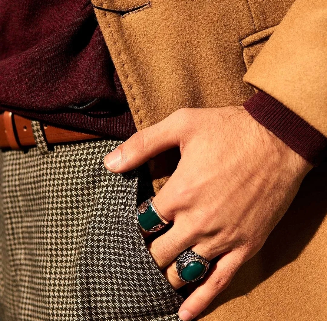 RARE PRINCE by CARAT SUTRA | Unique Turkish Style Ring with Natural Green Onyx  | 925 Sterling Silver Oxidized Ring | Men's Jewelry | With Certificate of Authenticity and 925 Hallmark - Image 3