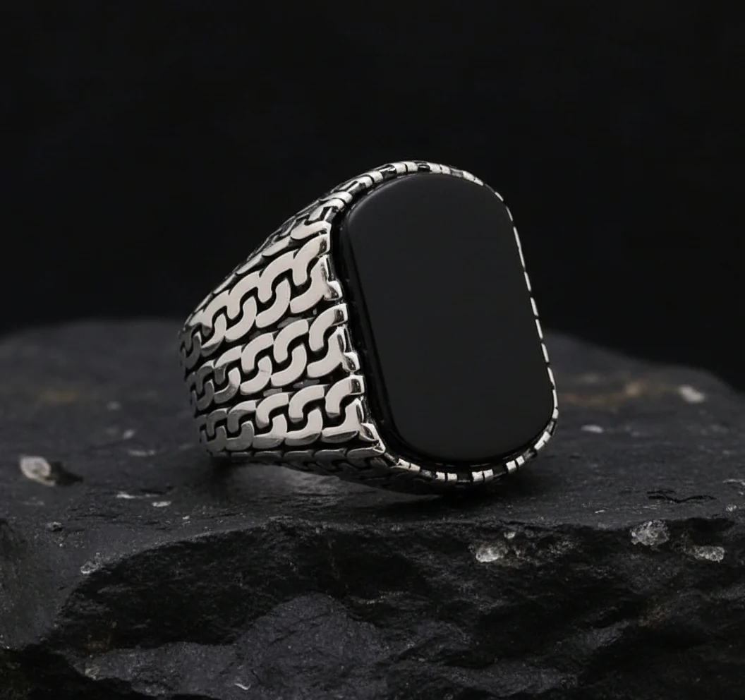 RARE PRINCE by CARAT SUTRA | Unique Turkish Gucci Style Ring with Natural Black Onyx | 925 Sterling Silver Oxidized Ring | Men's Jewelry | With Certificate of Authenticity and 925 Hallmark