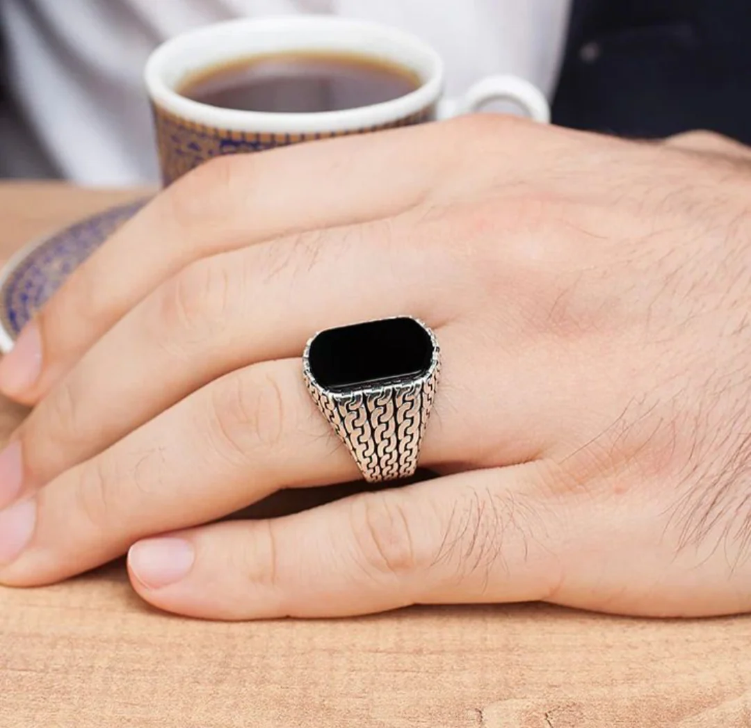 RARE PRINCE by CARAT SUTRA | Unique Turkish Gucci Style Ring with Natural Black Onyx | 925 Sterling Silver Oxidized Ring | Men's Jewelry | With Certificate of Authenticity and 925 Hallmark - Image 5