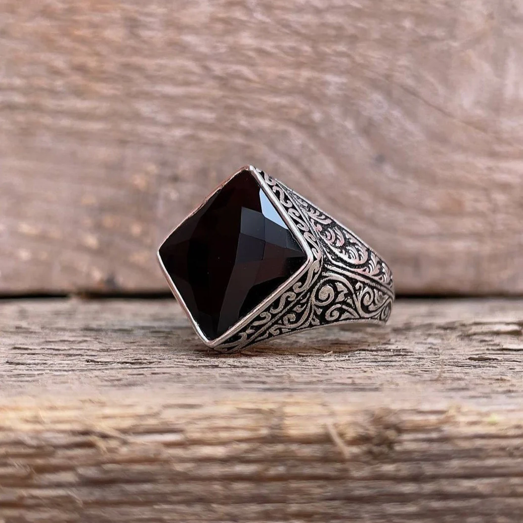 RARE PRINCE by CARAT SUTRA | Unique Turkish Style Ring with Faceted Natural Black Onyx | 925 Sterling Silver Oxidized Ring | Men's Jewelry | With Certificate of Authenticity and 925 Hallmark