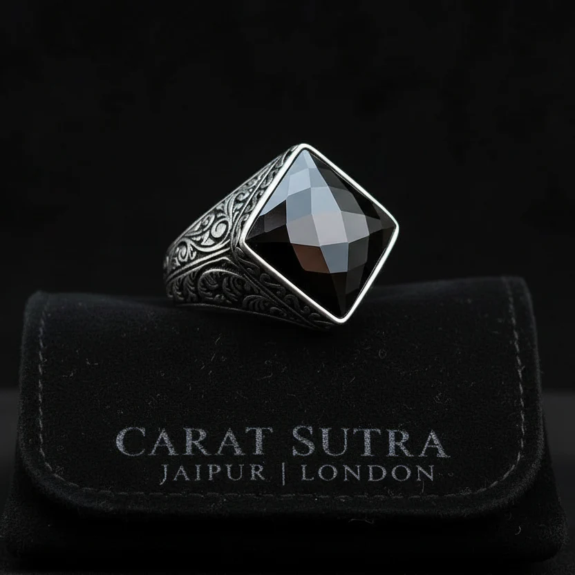 RARE PRINCE by CARAT SUTRA | Unique Turkish Style Ring with Faceted Natural Black Onyx | 925 Sterling Silver Oxidized Ring | Men's Jewelry | With Certificate of Authenticity and 925 Hallmark - Image 2