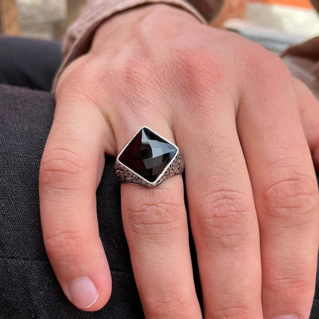 RARE PRINCE by CARAT SUTRA | Unique Turkish Style Ring with Faceted Natural Black Onyx | 925 Sterling Silver Oxidized Ring | Men's Jewelry | With Certificate of Authenticity and 925 Hallmark - Image 3