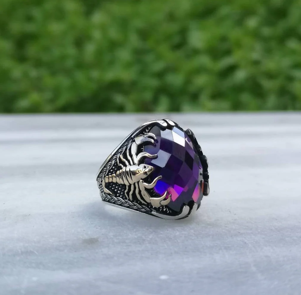 RARE PRINCE by CARAT SUTRA | Unique Turkish Style Scorpion Ring with Faceted Purple Amethyst | 925 Sterling Silver Oxidized Zodiac Ring | Men's Jewelry | With Certificate of Authenticity and 925 Hallmark