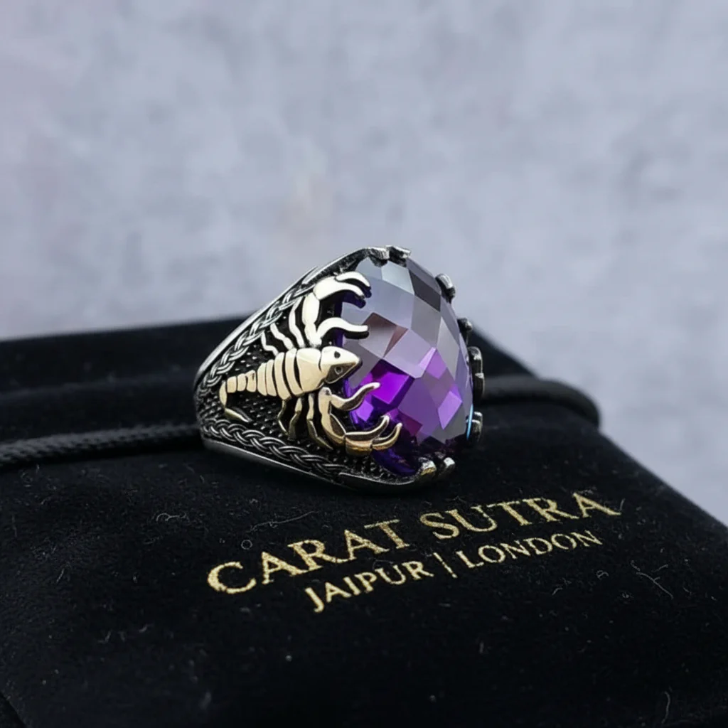 RARE PRINCE by CARAT SUTRA | Unique Turkish Style Scorpion Ring with Faceted Purple Amethyst | 925 Sterling Silver Oxidized Zodiac Ring | Men's Jewelry | With Certificate of Authenticity and 925 Hallmark - Image 2