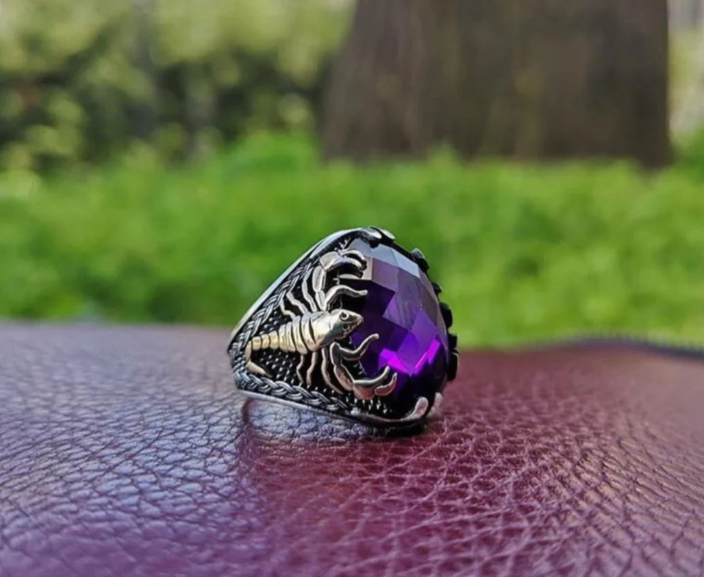 RARE PRINCE by CARAT SUTRA | Unique Turkish Style Scorpion Ring with Faceted Purple Amethyst | 925 Sterling Silver Oxidized Zodiac Ring | Men's Jewelry | With Certificate of Authenticity and 925 Hallmark - Image 3