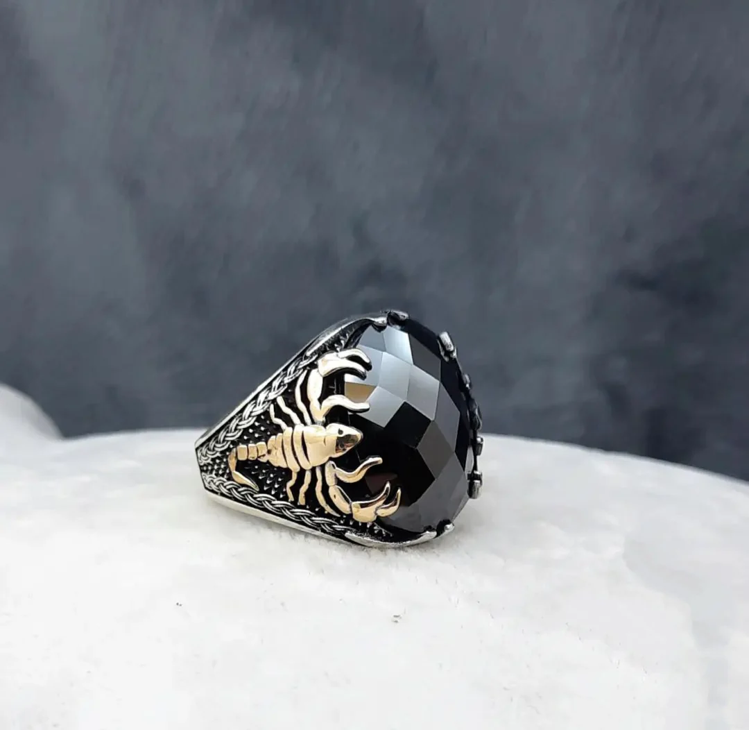 RARE PRINCE by CARAT SUTRA | Unique Turkish Style Scorpion Ring with Faceted Black Zircon | 925 Sterling Silver Oxidized Zodiac Ring | Men's Jewelry | With Certificate of Authenticity and 925 Hallmark