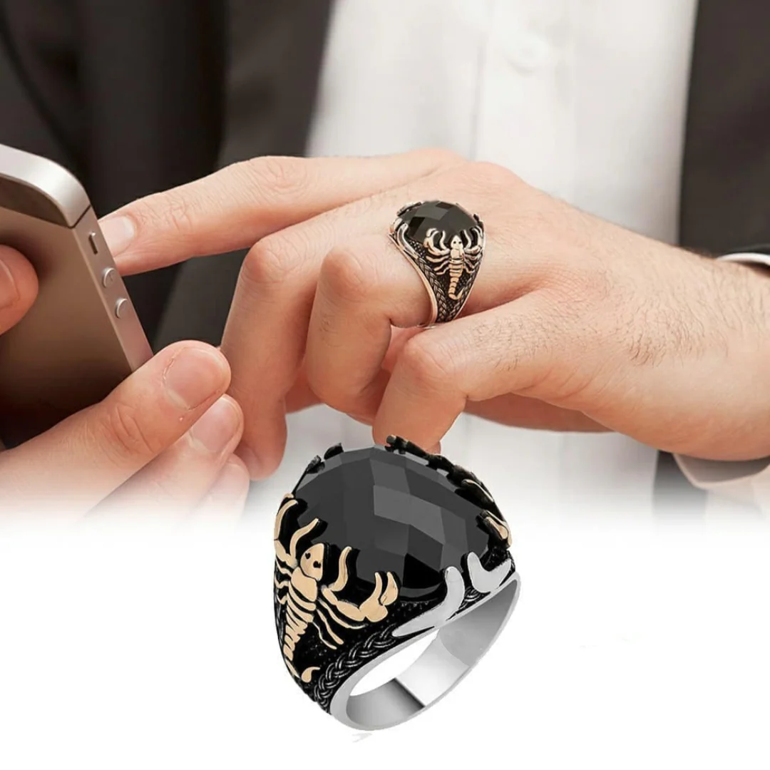 RARE PRINCE by CARAT SUTRA | Unique Turkish Style Scorpion Ring with Faceted Black Zircon | 925 Sterling Silver Oxidized Zodiac Ring | Men's Jewelry | With Certificate of Authenticity and 925 Hallmark - Image 2