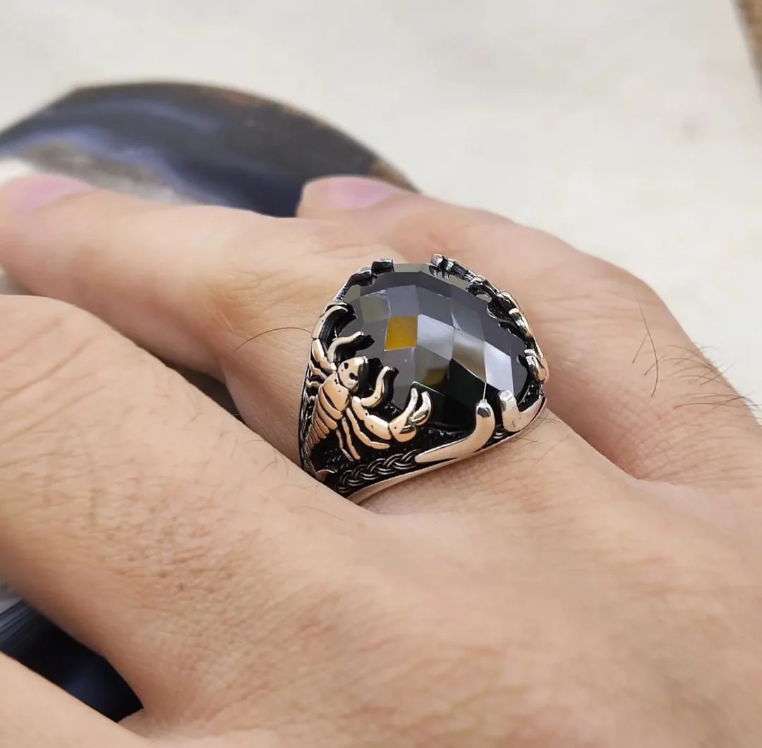 RARE PRINCE by CARAT SUTRA | Unique Turkish Style Scorpion Ring with Faceted Black Zircon | 925 Sterling Silver Oxidized Zodiac Ring | Men's Jewelry | With Certificate of Authenticity and 925 Hallmark - Image 5