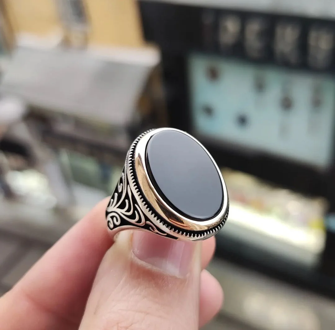 RARE PRINCE by CARAT SUTRA | Unique Turkish Style Ring with Natural Black Onyx | 925 Sterling Silver Oxidized Ring | Men's Jewelry | With Certificate of Authenticity and 925 Hallmark