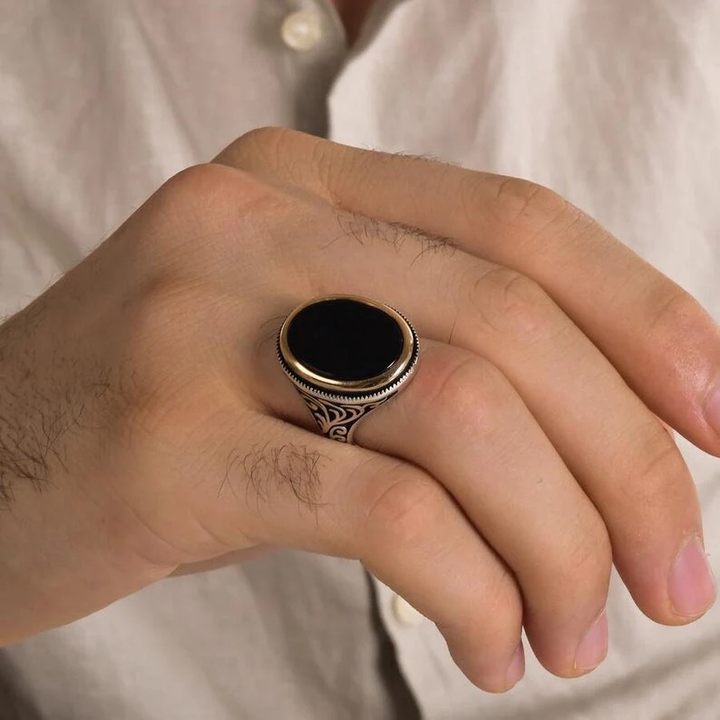 RARE PRINCE by CARAT SUTRA | Unique Turkish Style Ring with Natural Black Onyx | 925 Sterling Silver Oxidized Ring | Men's Jewelry | With Certificate of Authenticity and 925 Hallmark - Image 2