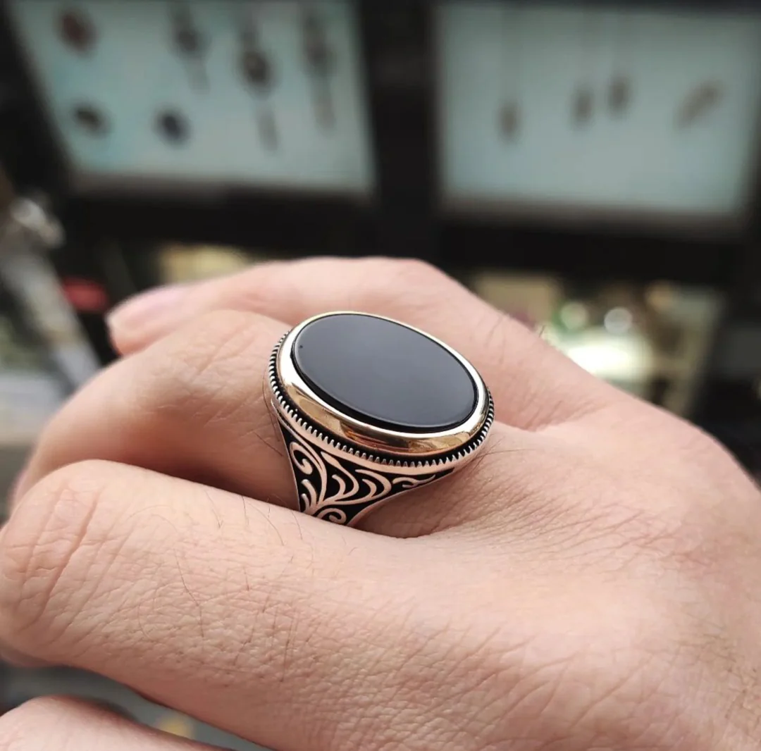 RARE PRINCE by CARAT SUTRA | Unique Turkish Style Ring with Natural Black Onyx | 925 Sterling Silver Oxidized Ring | Men's Jewelry | With Certificate of Authenticity and 925 Hallmark - Image 5