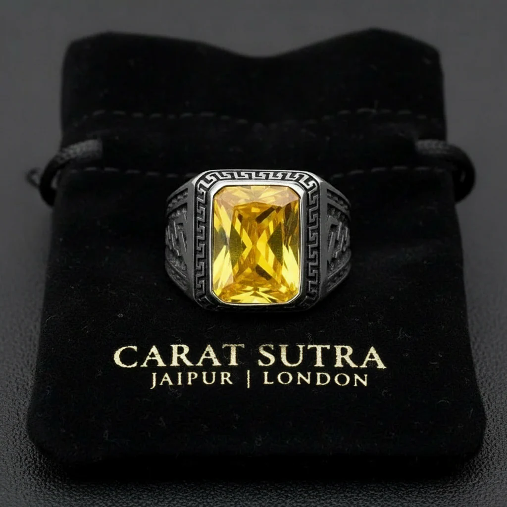 RARE PRINCE by CARAT SUTRA | Unique Versace Designed Turkish Style Ring with Natural Yellow Citrine , 925 Sterling Silver Oxidized Ring | Men's Jewelry | With Certificate of Authenticity and 925 Hallmark - Image 2