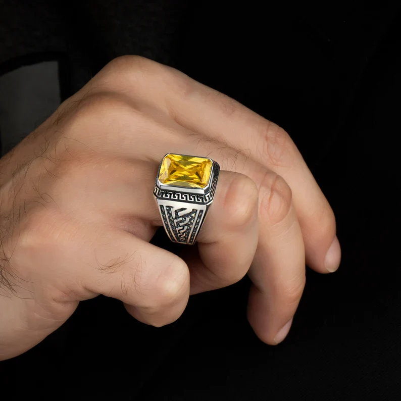 RARE PRINCE by CARAT SUTRA | Unique Versace Designed Turkish Style Ring with Natural Yellow Citrine , 925 Sterling Silver Oxidized Ring | Men's Jewelry | With Certificate of Authenticity and 925 Hallmark - Image 4