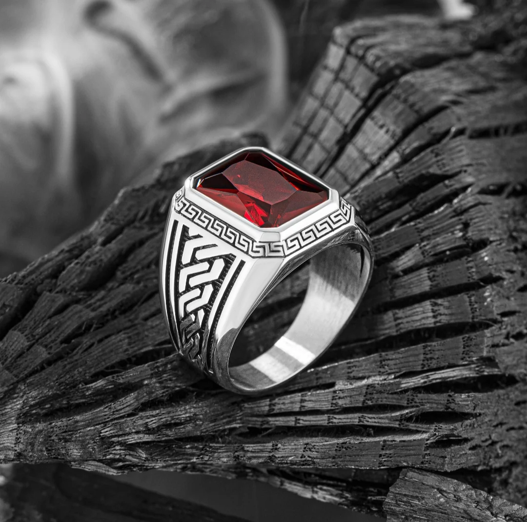 RARE PRINCE by CARAT SUTRA | Unique Versace Designed Turkish Style Ring with Red Zircon , 925 Sterling Silver Oxidized Ring | Men's Jewelry | With Certificate of Authenticity and 925 Hallmark