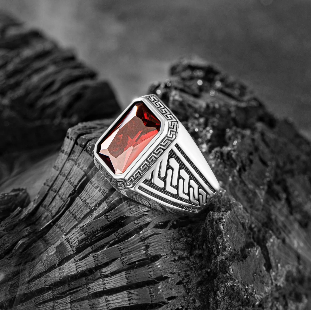 RARE PRINCE by CARAT SUTRA | Unique Versace Designed Turkish Style Ring with Red Zircon , 925 Sterling Silver Oxidized Ring | Men's Jewelry | With Certificate of Authenticity and 925 Hallmark - Image 2