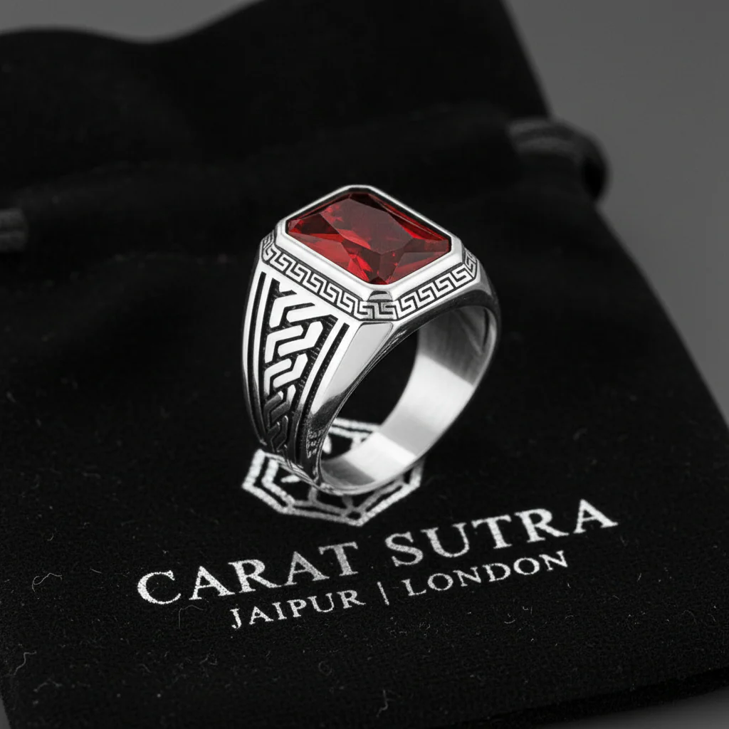 RARE PRINCE by CARAT SUTRA | Unique Versace Designed Turkish Style Ring with Red Zircon , 925 Sterling Silver Oxidized Ring | Men's Jewelry | With Certificate of Authenticity and 925 Hallmark - Image 3