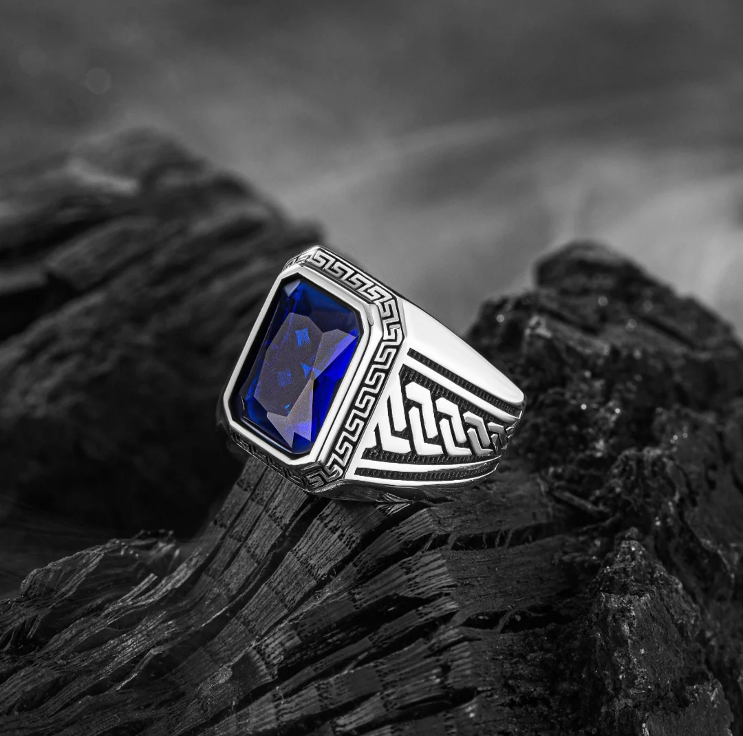 RARE PRINCE by CARAT SUTRA | Unique Versace Designed Turkish Style Ring with Blue Zircon , 925 Sterling Silver Oxidized Ring | Men's Jewelry | With Certificate of Authenticity and 925 Hallmark