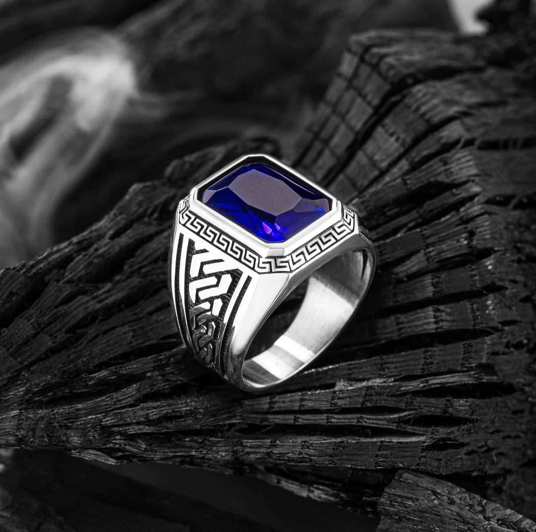 RARE PRINCE by CARAT SUTRA | Unique Versace Designed Turkish Style Ring with Blue Zircon , 925 Sterling Silver Oxidized Ring | Men's Jewelry | With Certificate of Authenticity and 925 Hallmark - Image 2