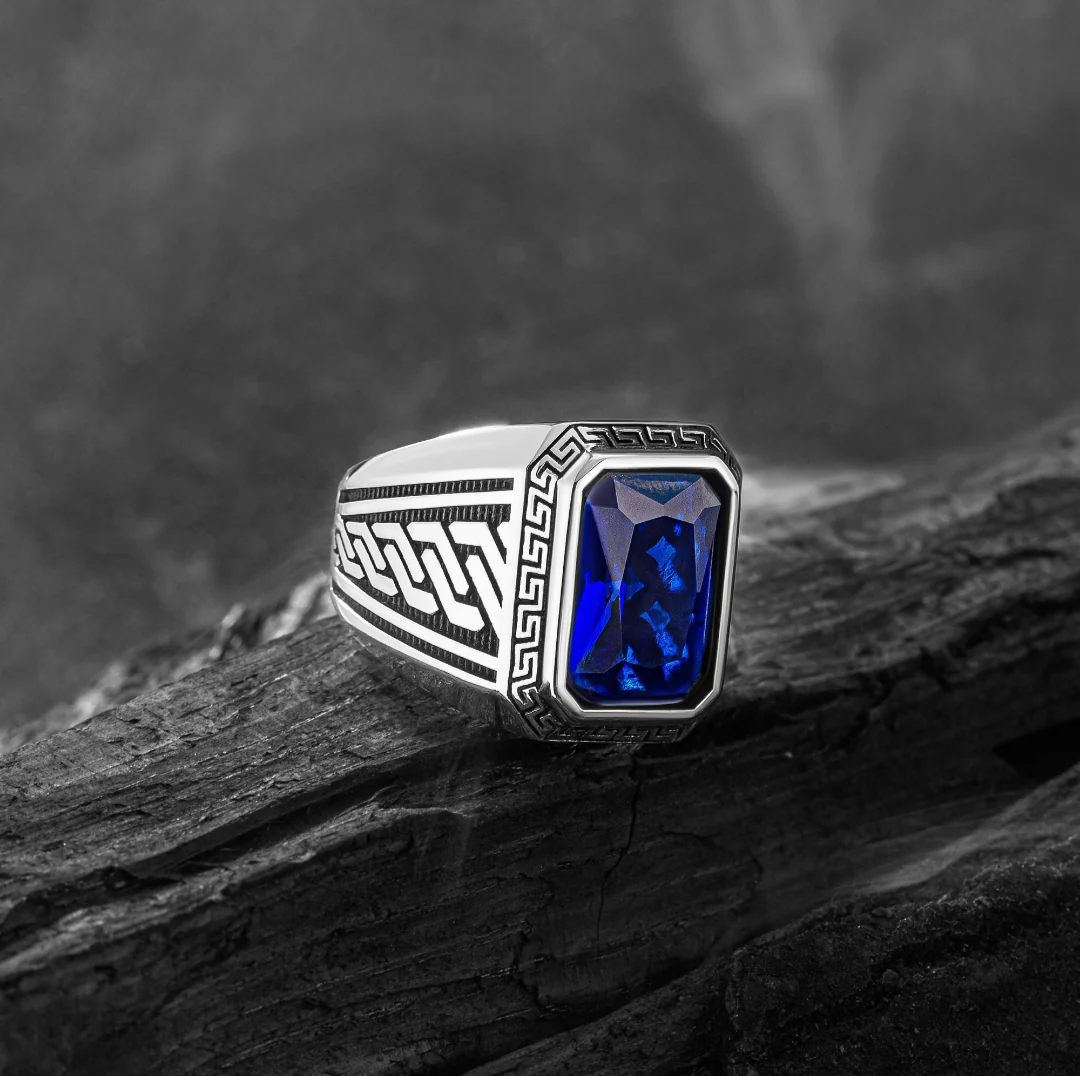 RARE PRINCE by CARAT SUTRA | Unique Versace Designed Turkish Style Ring with Blue Zircon , 925 Sterling Silver Oxidized Ring | Men's Jewelry | With Certificate of Authenticity and 925 Hallmark - Image 3