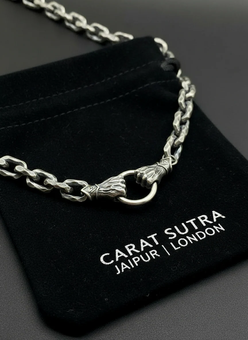 RARE PRINCE by CARAT SUTRA | 12mm Unique Fist Chain with Vintage Oxidised finish | 925 Sterling Silver | Men's Jewelry | With Certificate of Authenticity and 925 Hallmark - Image 3