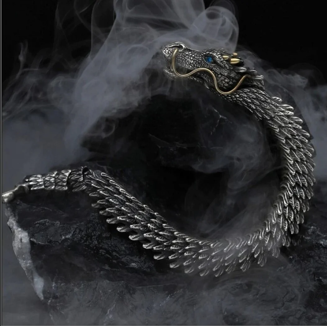 Unique Golden Horn Oxidized Dragon Bracelet with Blue Eyes | 925 Sterling Silver Oxidized Bracelet | Unisex Jewelry | With Certificate of Authenticity and 925 Hallmark - Image 3