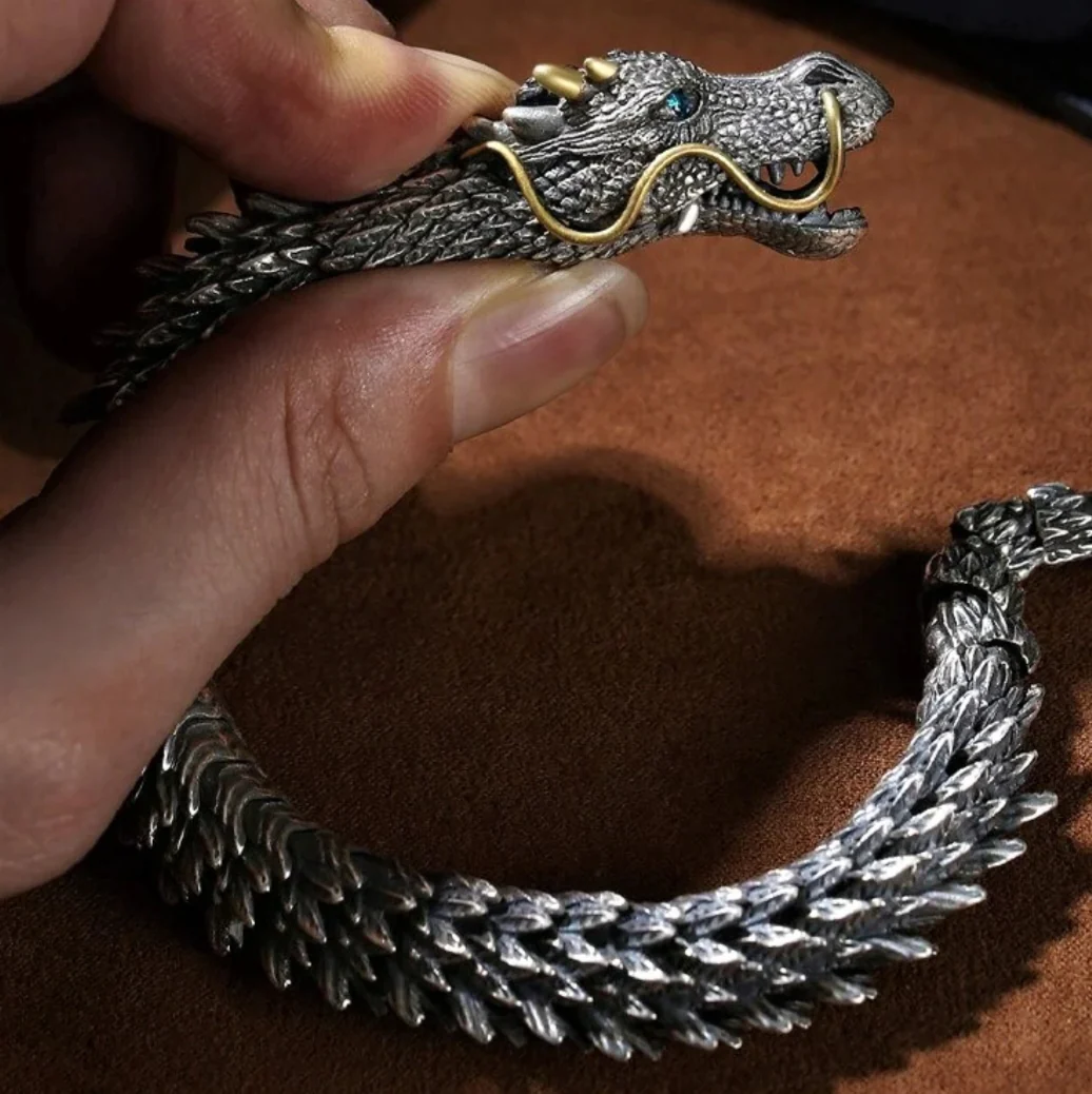 Unique Golden Horn Oxidized Dragon Bracelet with Blue Eyes | 925 Sterling Silver Oxidized Bracelet | Unisex Jewelry | With Certificate of Authenticity and 925 Hallmark - Image 4