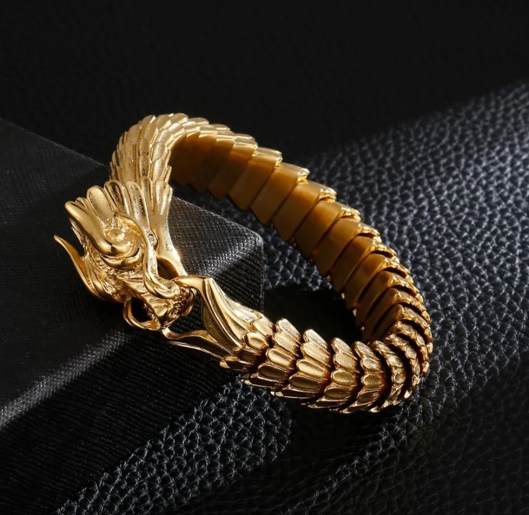 Unique Vintage Gold Dragon Bracelet | 22kt Gold Micron Plated 925 Sterling Silver Bracelet | Unisex Jewelry | With Certificate of Authenticity and 925 Hallmark