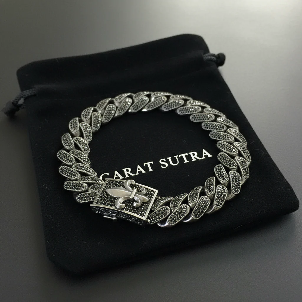 16mm Unique Fleur-De-Lis Black Iced Cuban Link Bracelet for Men | Dark Oxidized 925 Silver Bracelet | Men's Jewelry | With Certificate of Authenticity and 925 Hallmark - Image 3