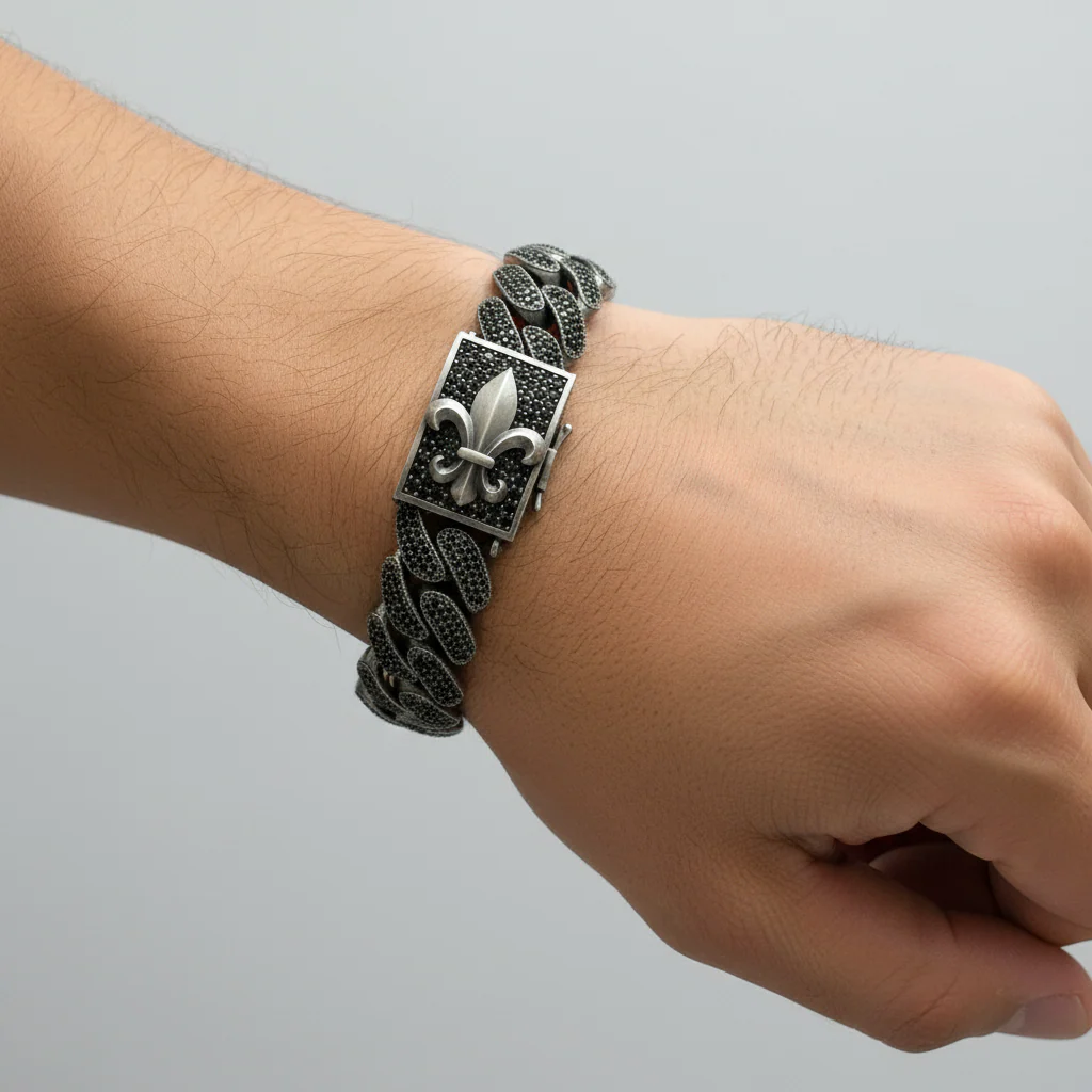 16mm Unique Fleur-De-Lis Black Iced Cuban Link Bracelet for Men | Dark Oxidized 925 Silver Bracelet | Men's Jewelry | With Certificate of Authenticity and 925 Hallmark - Image 4