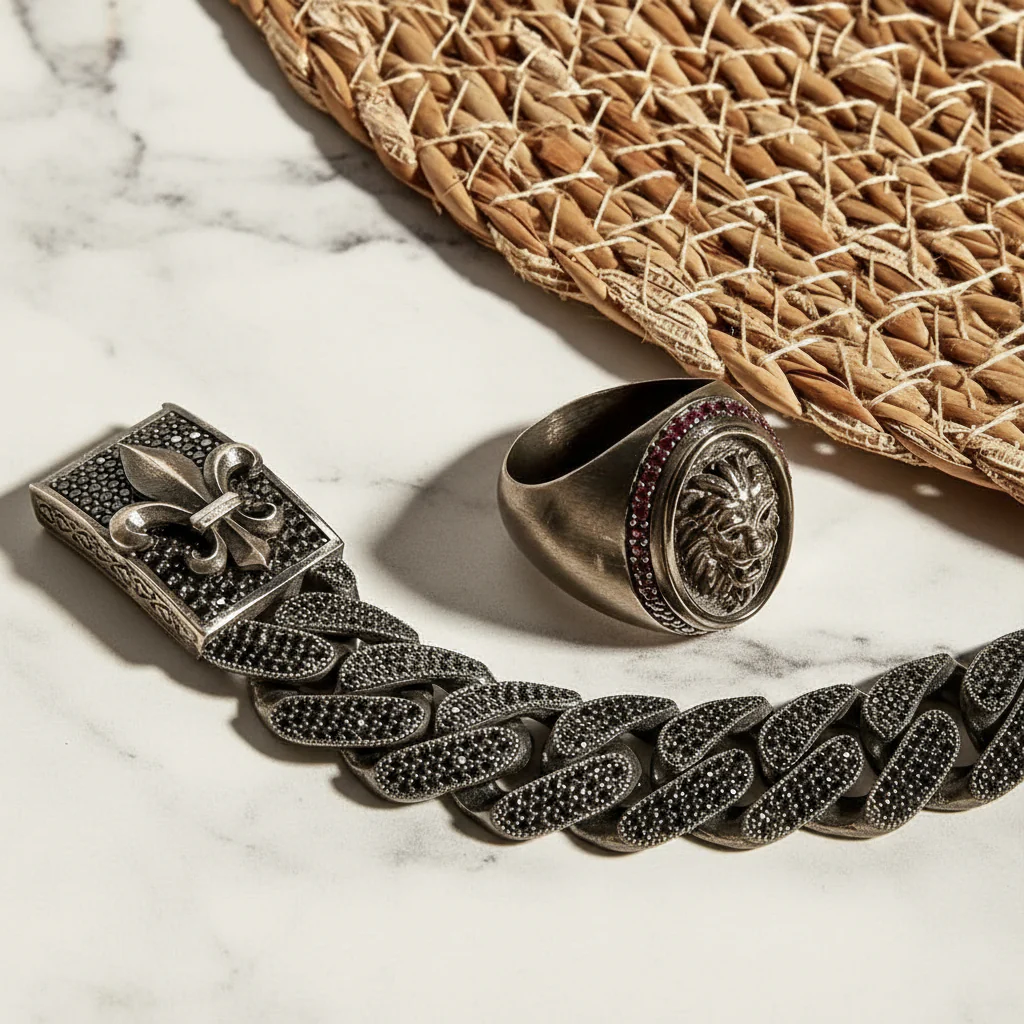16mm Unique Fleur-De-Lis Black Iced Cuban Link Bracelet for Men | Dark Oxidized 925 Silver Bracelet | Men's Jewelry | With Certificate of Authenticity and 925 Hallmark - Image 6