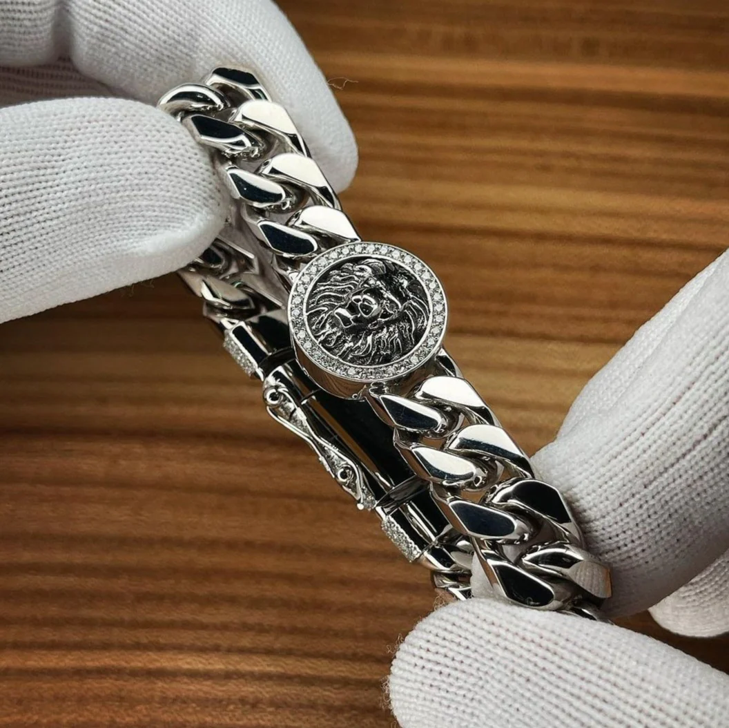 Unique 13mm Solid Cuban High Polished Lion Bracelet with Iced custom Letter Lock for Men | 925 Sterling Silver Bracelet | Men's Jewelry | With Certificate of Authenticity and 925 Hallmark - Image 8