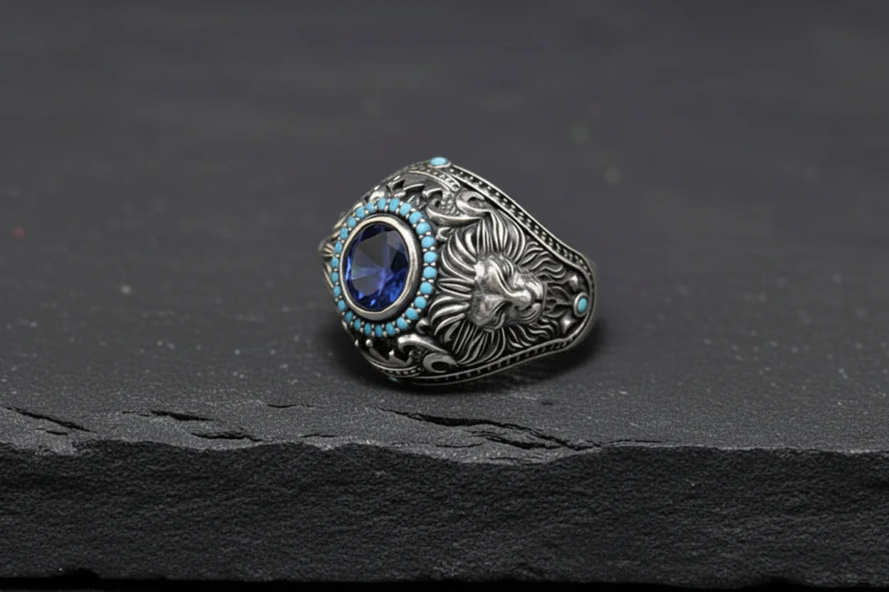 Double Faced Lion Ring with Original Blue Sapphire Stone | 925 Sterling Silver Oxidized Ring |  With Certificate of Authenticity and 925 Hallmark