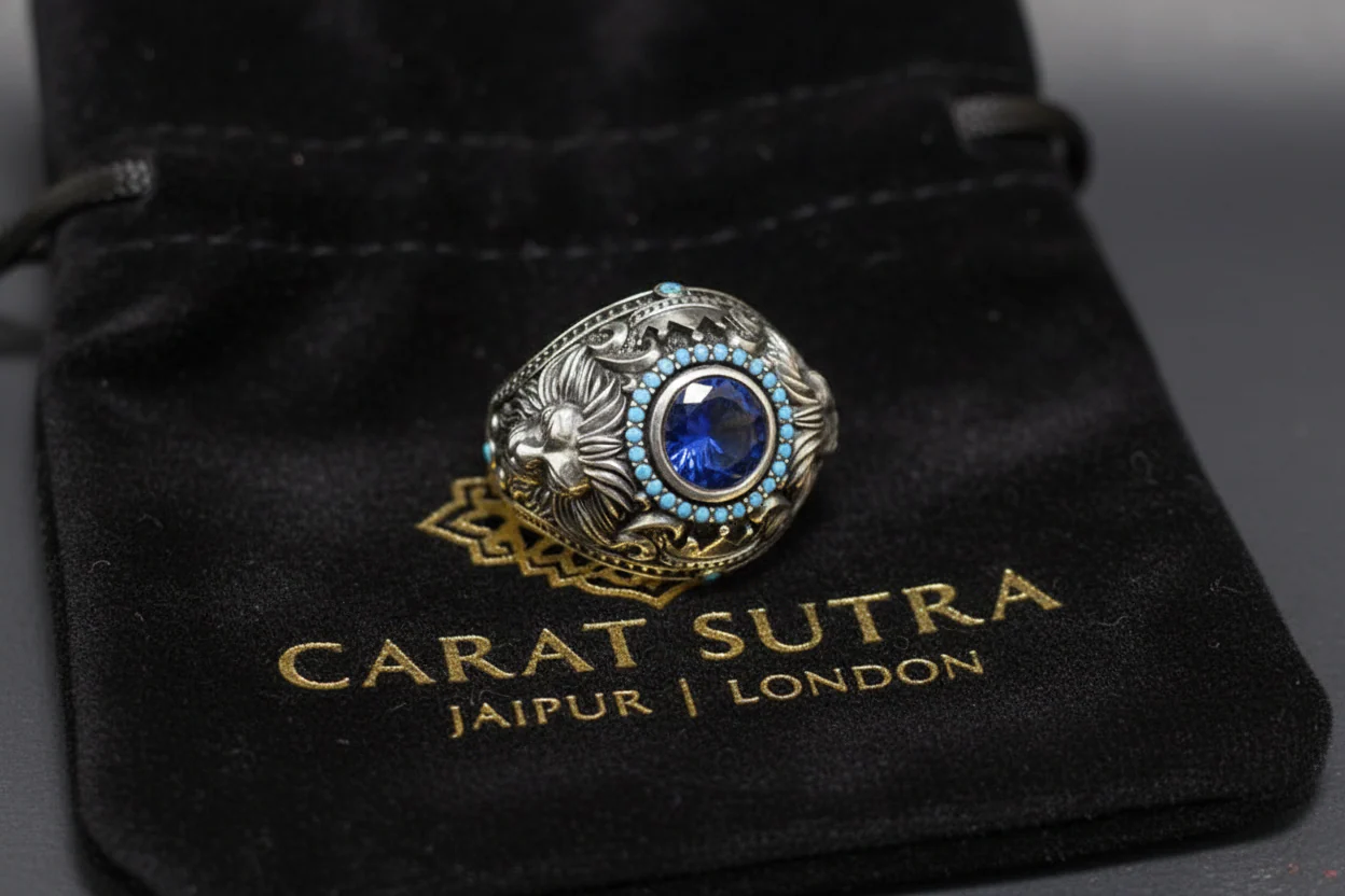 Double Faced Lion Ring with Original Blue Sapphire Stone | 925 Sterling Silver Oxidized Ring |  With Certificate of Authenticity and 925 Hallmark - Image 2