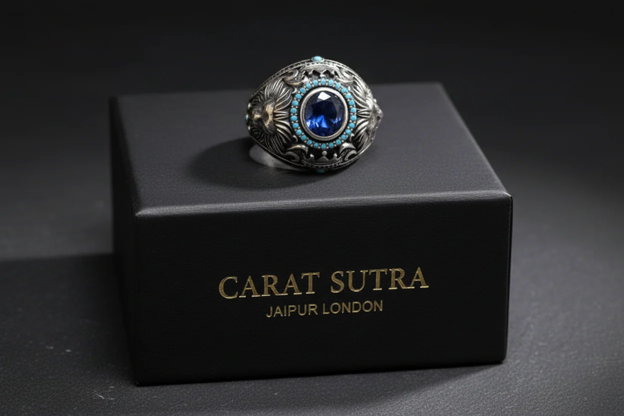 Double Faced Lion Ring with Original Blue Sapphire Stone | 925 Sterling Silver Oxidized Ring |  With Certificate of Authenticity and 925 Hallmark - Image 4