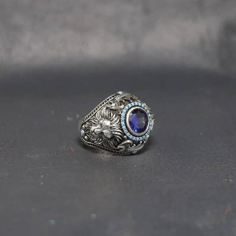 Double Faced Lion Ring with Original Blue Sapphire Stone | 925 Sterling Silver Oxidized Ring |  With Certificate of Authenticity and 925 Hallmark - Image 7